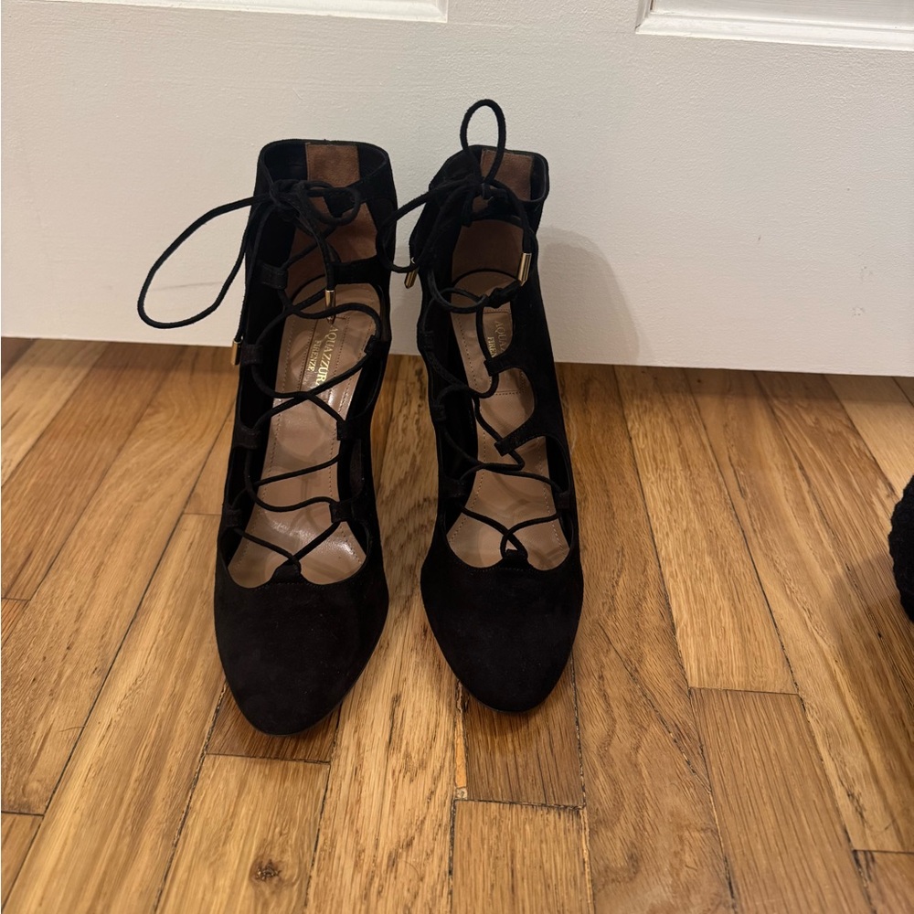 Aquazzura Chic Black Lace Up Heeled Booties